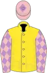 Yellow, pink sleeves, mauve diamonds, pink cap, mauve diamond