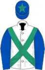 White, emerald green cross sashes, royal blue sleeves, royal blue cap, emerald green star