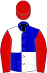 Blue and white (quartered), red sleeves and cap