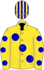 Yellow, large blue spots, spots on sleeves, striped cap