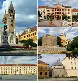 Clockwise from top left: Cathedral, Széchenyi Square, Barbican, Yakovalı Hasan Paşa Mosque, Kossuth Square