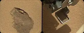 "Rocknest" sand patch on Mars – Curiosity's scooper sifts a load of sand (October 7, 2012).