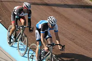 Fabian Cancellara (left) and Sep Vanmarcke (right)  in the Roubaix Velodrome during the final meters of the race.