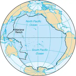 Image 31Area inside the black line indicates the area constituting the Pacific Ocean prior to 2002; darker blue areas are its informal current borders following the recreation of the Southern Ocean and the reinclusion of marginal seas. (from Southern Ocean)