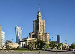 The general view on Żelazna Brama neighbourhood, including the Palace of Culture and Science and Złota 44, in 2017.