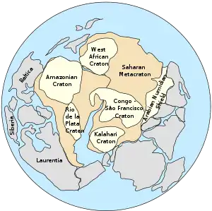 Pannotia, 545 Mya (disputed[clarification needed]), centered on South Pole