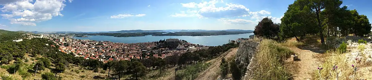 Panorama of city with mixture of five- to ten-story buildings