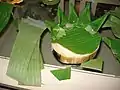 Partially made krathong, showing trunk of banana tree and banana leaves