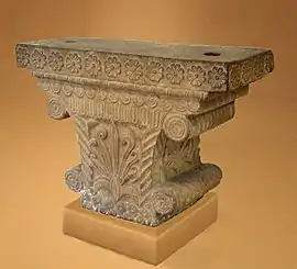 The Pataliputra capital, showing both Achaemenid and Greek influence,  with volute, bead and reel, meander and honeysuckle designs. Early Mauryan period, 4th-3rd century BC.