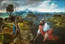 Landscape with Saint Christopher, c. 1520, oil on panel, 125 cm × 170 cm (49.2 × 66.9 in), El Escorial, Monasterio de San Lorenzo, Spain