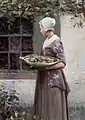 Oil painting of a girl wearing a linen cap standing in front of a cottage window, looking away from the viewer. She is holding a large tray filled with pears.