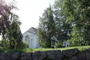 A partial view of the front of the church