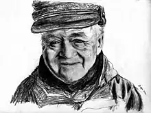 a fairly photorealistic pencil drawing of the face of an elderly man wearing a hat and coat; the signature says Dolgin 2020