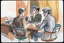  A courtroom sketch of three men, attorneys in suits in a federal court in 1973