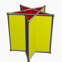 The density of a pentagrammic prism, {5/2}×{} is 2.v=10, e=15,f1=5 {4}, f2=2 {5/2},df1=1, df2=2.