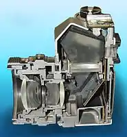 A cutaway view of a Praktica L2 showing the pentaprism.