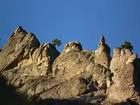 Pointed rock formations with a few small shrubs