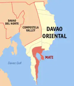 Map of Davao Oriental with Mati highlighted