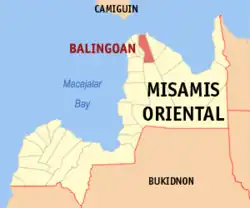 Map of Misamis Oriental with Balingoan highlighted