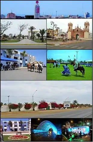 From top and left to right: View toward Víctor Larco city, Main Square of Vista Alegre, Santiago de Huamán church, Paso Horses in a parade, Marinera dance with a Paso horse, Association of Breeders and Owners of Paso Horses in La Libertad, Municipality of Victor Larco in Buenos Aires, Pedestrian walk of waters