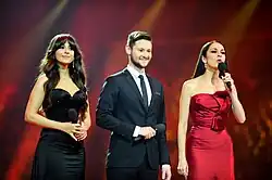 2012 hosts: Leyla Aliyeva, Eldar Gasimov and Nargiz Birk-Petersen