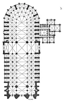 Notre Dame de Paris, begun in 1163, plan with additions since 1220.