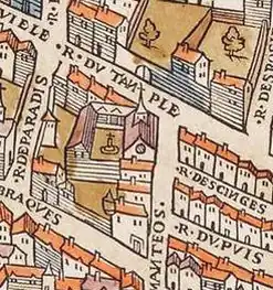 The church and abbey on the 1550 Truschet and Hoyau plan  of Paris