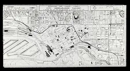 Map of the Melbourne Town Planning Commission's 1929 plan for a city rail tunnel, a precursor to the City Loop.