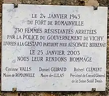 Memorial plaque to women of the Resistance sent to Auschwitz from Romainville