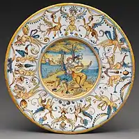 Plate with two lovers and grotesque border, dated 1644, "perhaps" Antoine Conrade.