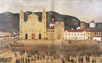 Plaza de Bolívar in 1844, oil by Santiago Castillo Escallón. The Colegio Mayor de San Bartolomé is pictured at far right.