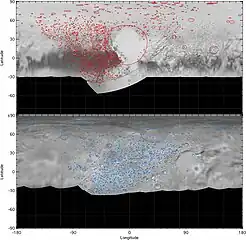 Distribution of numerous impact craters and basins on both Pluto and Charon. The variation in density (with none found in Sputnik Planitia) indicates a long history of varying geological activity. Precisely for this reason, the confidence of numerous craters on Pluto remain uncertain. The lack of craters on the left and right of each map is due to low-resolution coverage of those anti-encounter regions.