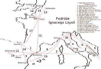 The journeys of Ignatius of Loyola at different times