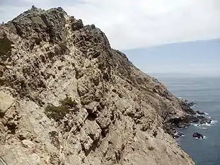 The prominent, upward-sloping Salinian Block formation can be seen here from the Point Reyes Lighthouse.