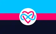 A popular polyamory flag, with the infinity heart symbol in the middle.