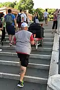 Porter carrying luggage over a pedestrian bridge in Venice