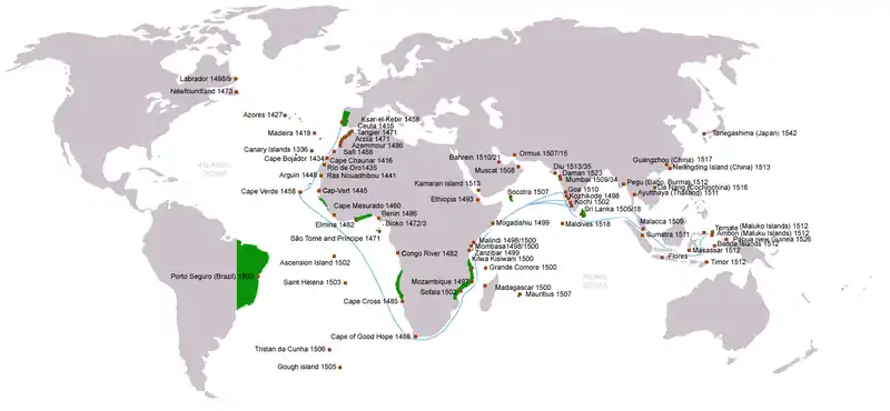 Portuguese discoveries and explorations: first arrival places and dates; main Portuguese spice trade routes (blue)