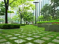 A small walkway on a rainy day, in front of the Posco building