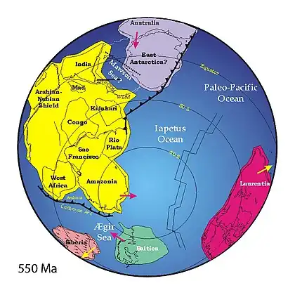 Landmass positions near the end of the Precambrian