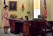 Lyndon Baines Johnson seated at the Johnson desk, 1968.