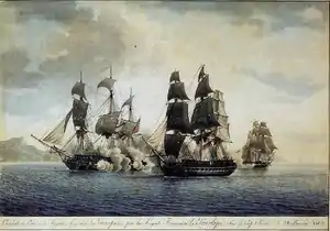 Capture of HMS Proserpine by Pénélope and Pauline. Watercolour by Antoine Roux.