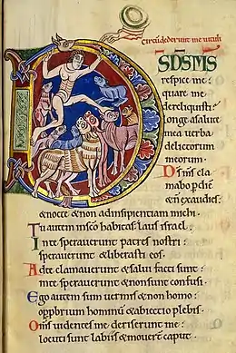 Psalm 22:1-8 in the St. Albans Psalter. The first words of the Psalm in the Latin Vulgate are "Deus, Deus meus," abbreviated here as DS DS MS.