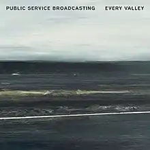 A mostly charcoal grey, lightly blue painting of coal mountains backdropped against a overcast sky. The words "Public Service Broadcasting" and "Every Valley" are written in bold black font on the top left and top right corners of the image, respectively. It is titled "Viaduct', and was painted by Hannah Benkwitz.