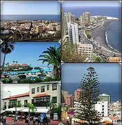 Puerto de la Cruz, Top left: Panorama view of Puerto de la Cruz; Top right: Martianez Beach; Middle left: Laguna Martianez; Bottom left: Armas Square shopping area; Bottom right: View of Araucaria heterophylla tree in Loro Park