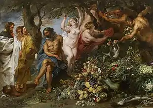 Painting showing Pythagoras on the far left quizzically stroking his beard as he gazes upon a massive pile of fruits and vegetables. Two followers stand behind him, fully clothed. A man with a greying beard sits at the base of a tree gesturing to the pile of produce. Next to him, a fleshy, nude woman with blonde hair plucks fruits from it. Slightly behind her, two other women, one partially clothed and the other nude but obscured by the tree branch, are also plucking fruits. At the far right end of the painting, two nude, faun-like men with beards and pointed ears hurl more fruits upon the pile.