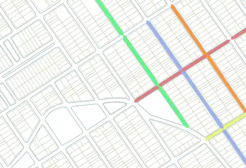 City blocks surrounded by streets, some streets with a different eight-digit postal code (suffixes 001 to 899).