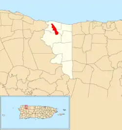 Location of Quebradillas barrio-pueblo within the municipality of Quebradillas shown in red