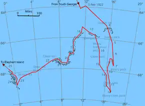 Chart of an area of sea in which an irregular line shows the passage of Quest