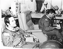 Commander John Young (right) and Pilot Robert Crippen (left) suit up for launch, on 12 April 1981.