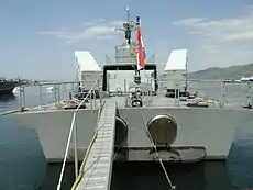 Missile boat with missile launching on the after deck.